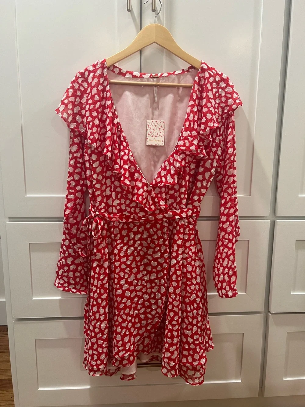 Free People Red and White Floral Wrap Long Sleeve Dress